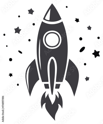 Black and white vector illustration of a cartoon rocket ship launching into outer space with stars.