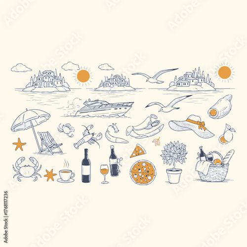Italian Amalfi Summer Vacation Doodle Illustrations, Hand Drawn Vector Ink of Italy Coast, Sea, Lemons, Wine, and Food Elements for Beach Party, Picnic, or Weekend Invitation Cards
