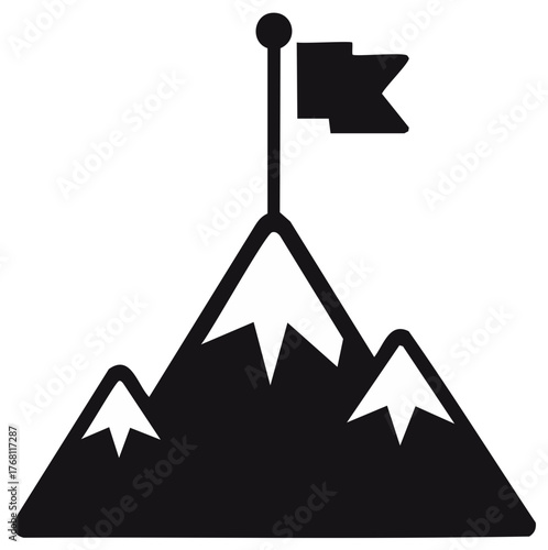 Mountain peak symbol with flag on top representing goals and success achievement icon, ambition and motivation achievement.