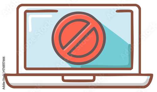 Laptop computer screen displaying red prohibition symbol signifying restricted access or blocked content
