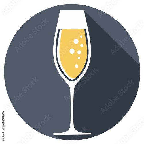 Champagne flute with sparkling wine and long shadow in circle on dark background