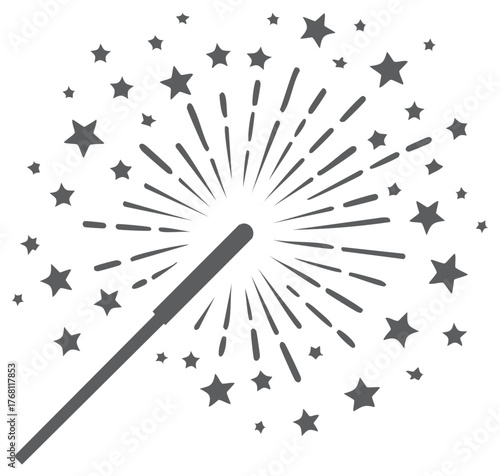 Illustration of magical wand with radiating light beams and scattered stars for special effects