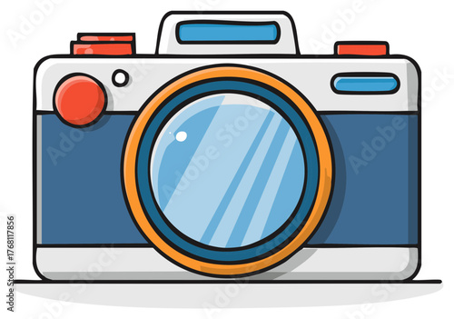 Vintage film camera simple flat design illustration with blue and orange colors