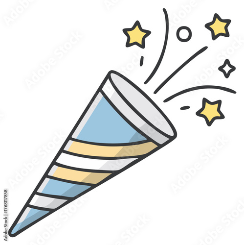 Hand drawn party popper exploding with confetti and stars celebrating a festive occasion