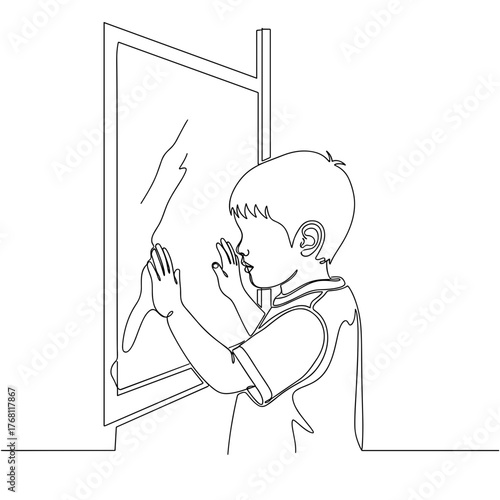 Child tapping on window pane as symbol of longing and curiosity