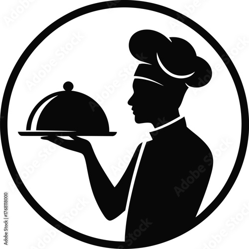 Elegant chef serving food under a silver cloche plate with circular design elements