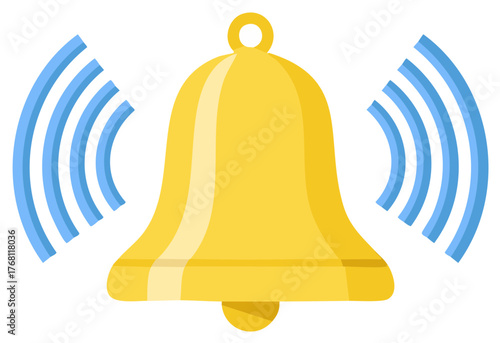 Cartoon Golden Bell Ringing with Sound Waves, Alert Symbol Illustration