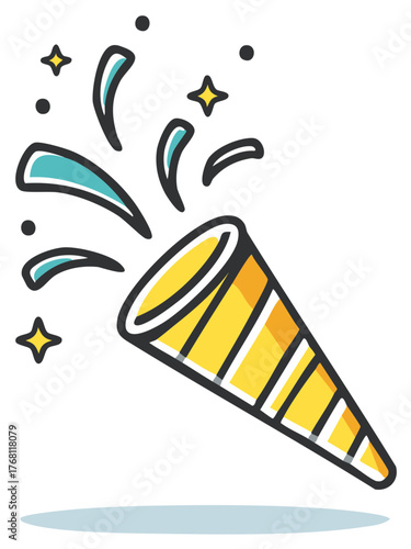 Cartoon party popper with confetti and stars illustration celebration
