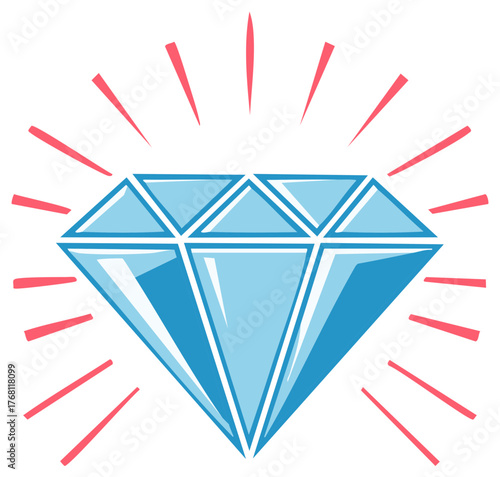 Sparkling blue diamond gem with radiating lines symbol of preciousness and brilliance