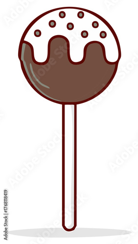 Sweet dessert treat vector illustration, lollipop covered with chocolate and icing, colorful confection on stick.
