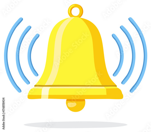 Bright yellow ringing bell with radiating sound waves illustration