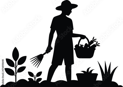 Silhouette of a gardener holding a rake and a basket full of harvested produce