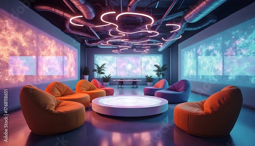 Vibrant Modern Lounge Interior with Neon Lighting and Bean Bag Seating Area for Collaboration