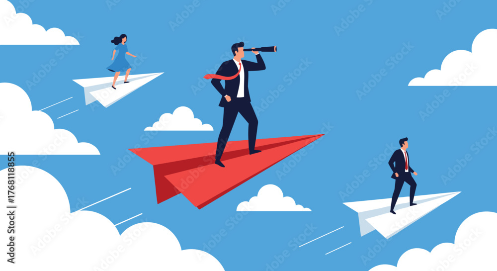 Obraz premium Visionary Business Leader Flying on a Red Paper Airplane, Looking Through Telescope in Blue Sky with Clouds, Leading Team to Success and Innovation. Strategy, Foresight and Entrepreneurship in a Flat