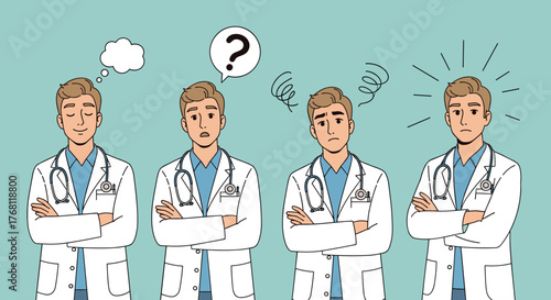 Four Doctors Expressing Varied Emotions in a Medical Setting Illustration: Depicting uncertainty, contemplation, confusion, and confidence among healthcare professionals, suitable for medical educatio