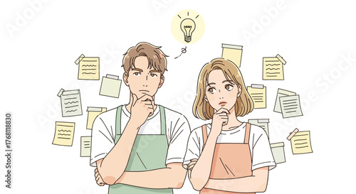 Brainstorming Business Owners Contemplating Ideas with Sticky Notes in Modern Office: Young Adult Entrepreneurs Planning Startup Strategy, Creative Thinking, Problem Solving, Innovation, Decision Maki