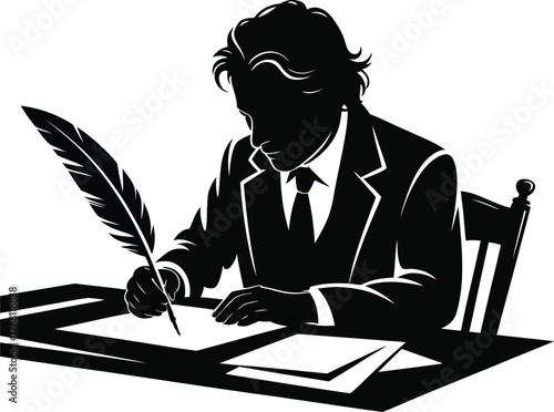 Elegant gentleman writing with a quill pen and ink on vintage paper classic illustration