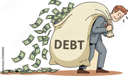 Stressed Businessman Carrying a Heavy Sack of Debt on His Back, Burdened by Financial Problems and Economic Crisis, Illustrating Business Failure and Investment Risk in a Financial Illustration Style
