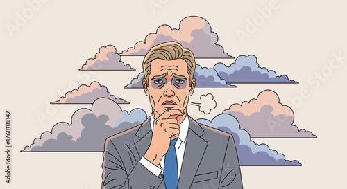 Worried Businessman Contemplating Challenges Amidst Storm Clouds: Stressed Executive Grappling with Business Problems, Facing Uncertainty and Anxiety in a Modern Corporate Environment, Illustrating Me