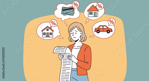 Stressed Woman Examining Expenses & Debt in a Financial Crisis, Contemplating Mortgage, Loan, Credit Card Interest Rates, Dealing with Budgeting Challenges at Home, Colorful Illustration for Presentat