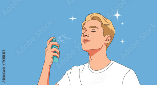 Young Man Refreshing Face with Hydrating Facial Mist on Light Blue Background - Beauty Routine, Skincare Treatment for Healthy Skin, Relaxation, Wellness, Illustration in Modern Style for Cosmetic Mar