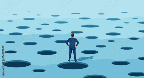 Business Executive Navigating Uncertainty and Risk: A Man Stands on a Precarious Blue Surface Dotted with Deep Holes, Contemplating Obstacles and Challenges in the Business Landscape, Illustrating Str