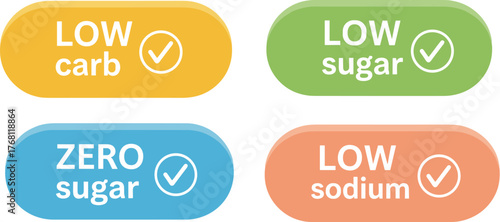 Dietary Nutrition Badges Presenting Food Choices: Low Carb, Zero Sugar, Low Sugar and Low Sodium for Healthy Lifestyle and Balanced Diet Planning with Medical Wellness in Healthcare Nutrition Educatio