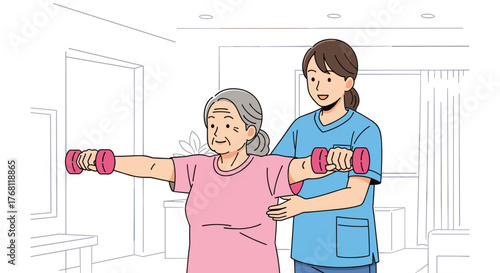 Elderly Woman Exercising with Physical Therapist at Home, Assisted Living, Nursing Home, Building Strength for Rehabilitation, Recovery, Wellness, Using Weights for Healthy Lifestyle, Cartoon Style Il