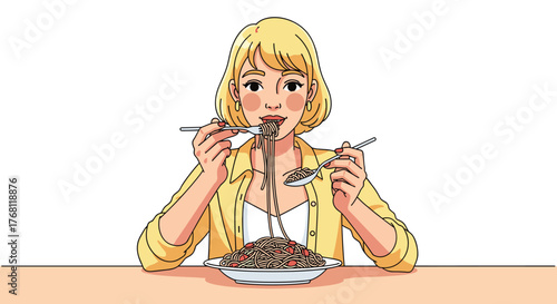 Blonde Woman Enjoying Spaghetti Dinner Indoors: Illustration of Young Adult Female Eating Italian Pasta with Fork and Spoon at Table, Concept for Culinary Lifestyle, Food Blog, Cookbook, Restaurant Me