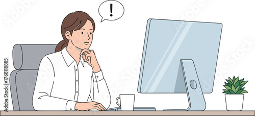 Pensive Businesswoman Contemplating Solutions at Office Desk with Computer, Exclamation Mark Idea in Thought Bubble, Seeking Creative Problem Solving, Modern Professional in Workplace, Illustration fo