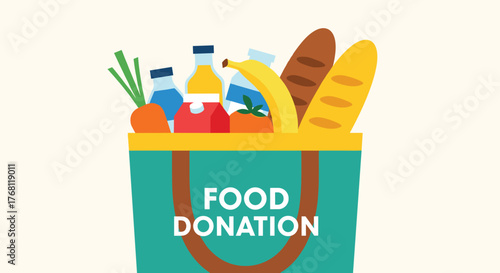 Vibrant Food Donation Illustration: Groceries in a Teal Tote Bag for Charitable Giving, Promoting Community Support and Social Responsibility in a Modern, Flat-Design Style for Nonprofit Marketing, Ou