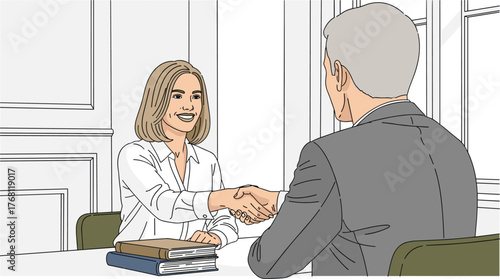 Smiling Businesswoman Handshaking with Senior Executive in Bright Office for Partnership Opportunity, Modern Deal Illustration for Finance, Presentation, Marketing, or Website – Promoting Success, Con