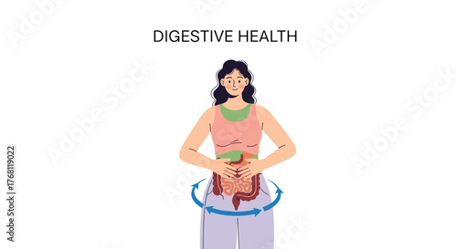 Woman Demonstrating Digestive Health and Wellness through Visualization for a Presentation: Animated Intestines Illustrate Gastrointestinal Function, Ideal for Medical Education, Marketing Collateral,