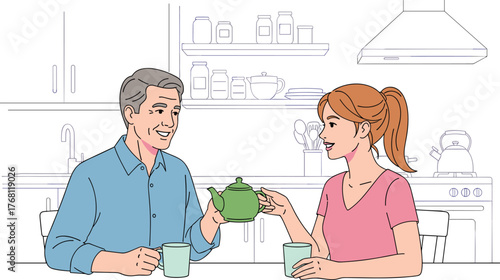 Mature Man Pouring Tea for Young Woman in Kitchen - Enjoying a Relaxed Conversation Over Hot Beverage at Home - Vector Illustration for Lifestyle Marketing and Family Bonding Concepts (Line Art, Casua