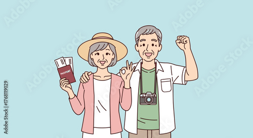 Excited Senior Couple Ready for Adventure on Dream Vacation, Showing Passport and Okay Sign, Embracing Retirement Lifestyle, Planning Global Travel in Leisure, Happy Tourists, Celebrating Together, Us