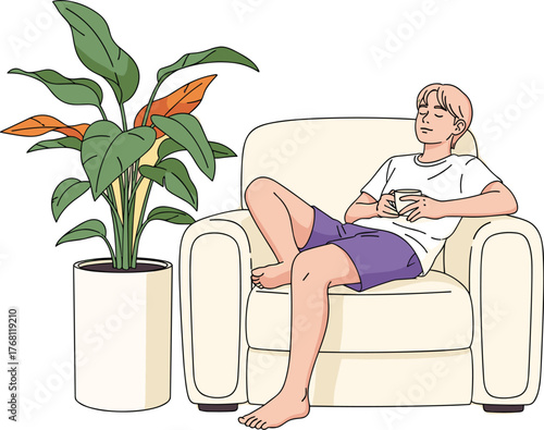 Relaxed Man Lounging on Armchair at Home, Enjoying Leisure Time and Peaceful State of Mind, Ideal for Lifestyle Presentation, Mental Health Resources, Or Interior Design Marketing, Featuring Tranquil