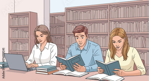 Students Studying Together in University Library, Researching Information for Academic Project, Using Laptop and Textbooks, Focused on Learning and Education, Modern Illustration for Presentation or W