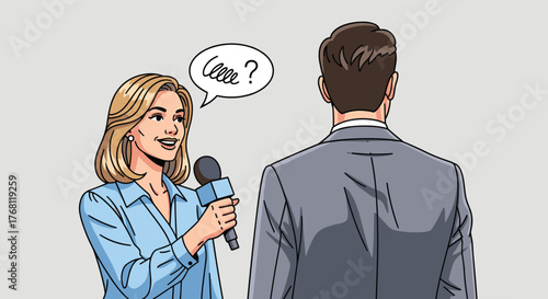Blonde Reporter Interviewing Unresponsive Businessman: Press Conference Questioning, Communication Breakdown, Media Relations, News Event Coverage, Illustrated Editorial Graphic Style, Modern Business