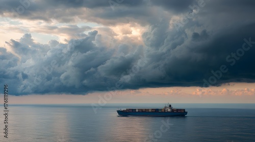 Large freight vessel traverses calm waters beneath a dramatic, darkening sky