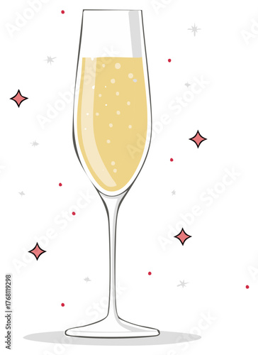 Sparkling champagne flute with bubbles and festive stars for celebration toast