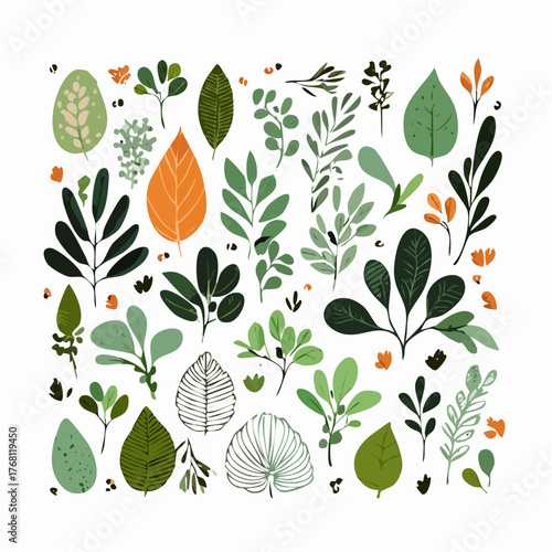 Collection of stylized botanical leaves and stems in flat green and orange vector style