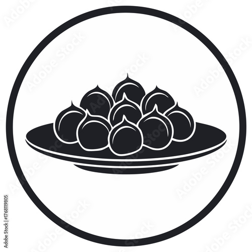 Stylized illustration of numerous roasted chestnuts on a serving plate within a round frame