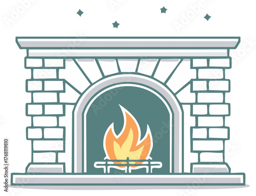 Classic brick fireplace with warm glowing fire and hearth for home comfort