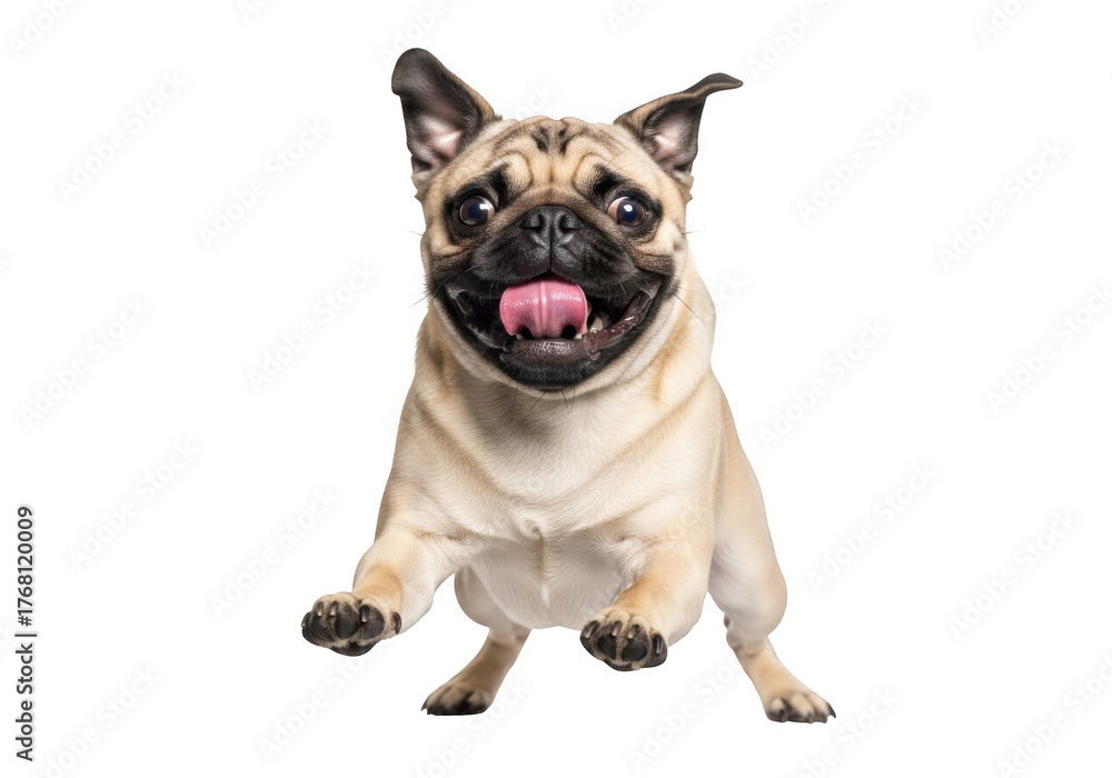 Obraz premium Excited running pug dog puppy with tongue out - adorable pet animal friend - cute canine breed - isolated on transparent background