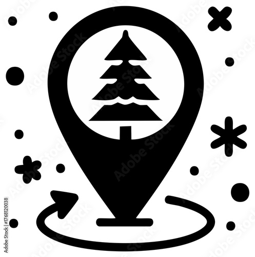 Christmas Tree Location Pin Icon for Winter Holiday Navigation and Travel