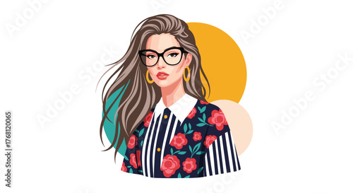 Fashionable woman with long brown hair wearing glasses and a floral and striped shirt.