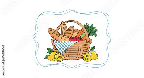 A charming illustration of a picnic basket overflowing with fresh bread, vegetables, and fruits, framed by decorative blue swirls.