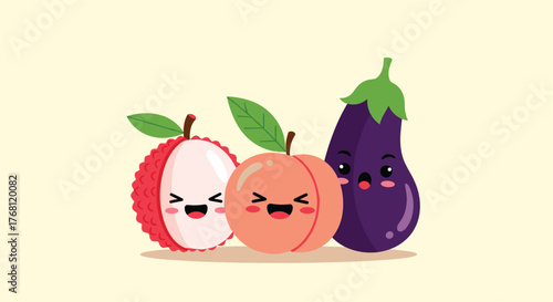 Cute cartoon lychee, peach, and eggplant characters with happy faces on a light background.
