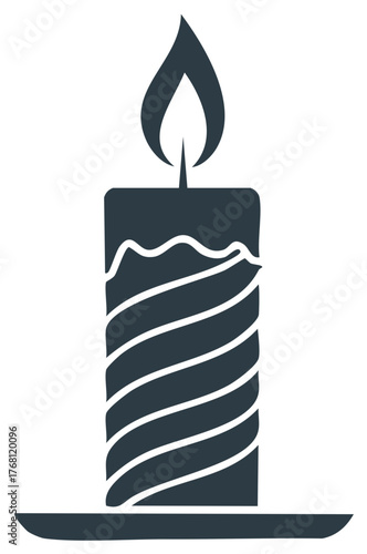 Dark single candle with a glowing flame and striped body on a saucer