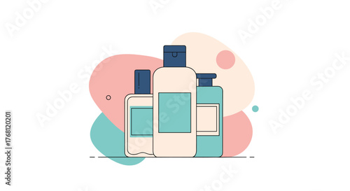 Illustration of three assorted cosmetic bottles with blue caps and light blue labels on a white background with soft pink and teal abstract shapes.